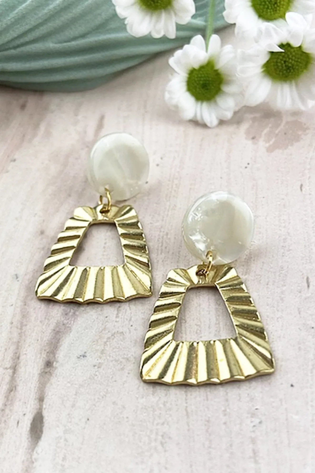 White Marble Brass Trapezoid Studs
