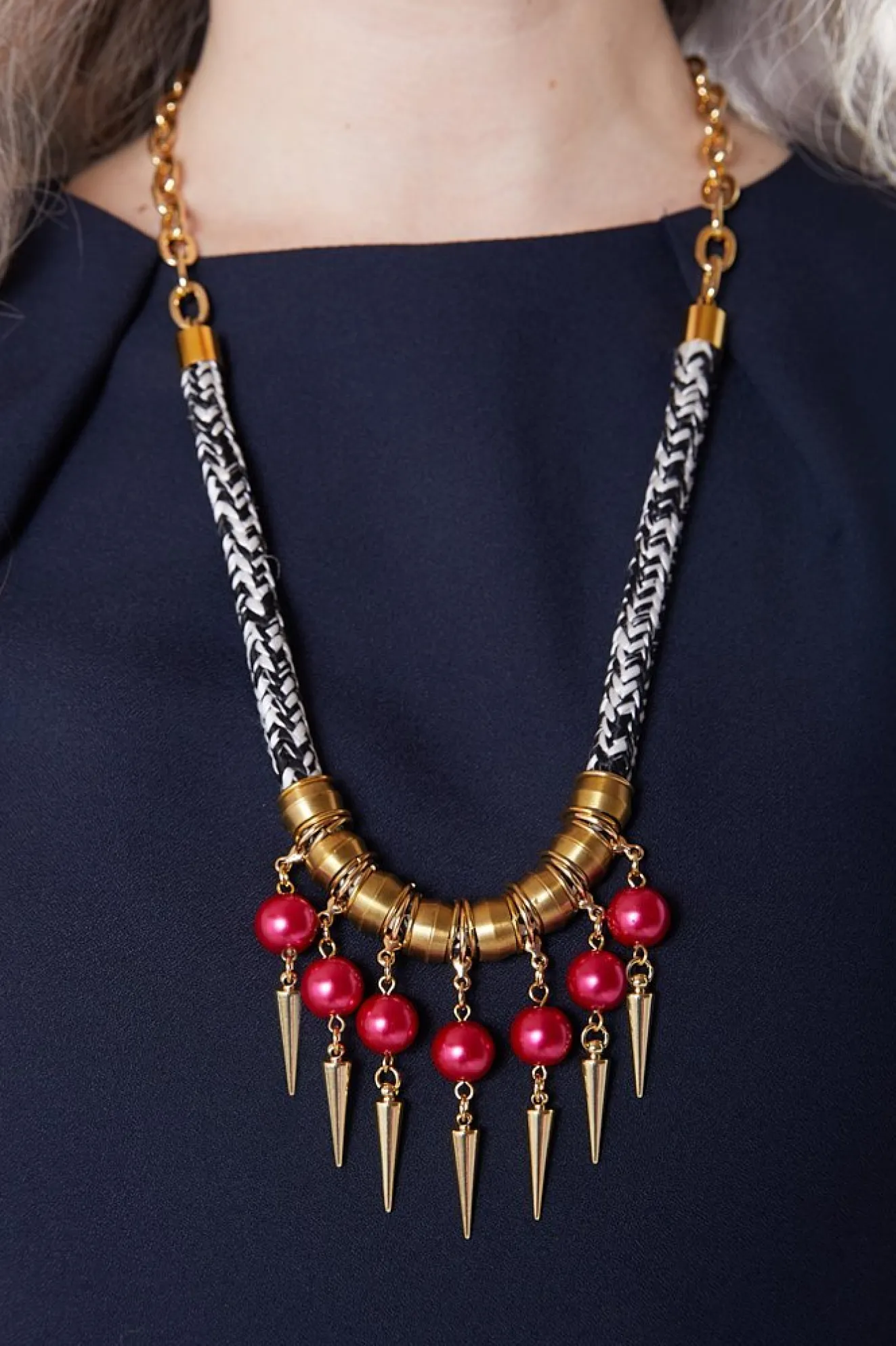 Strike Out Ageism Charity Crystal Pink Pearl & Gold Plated Spikes Statement Necklace