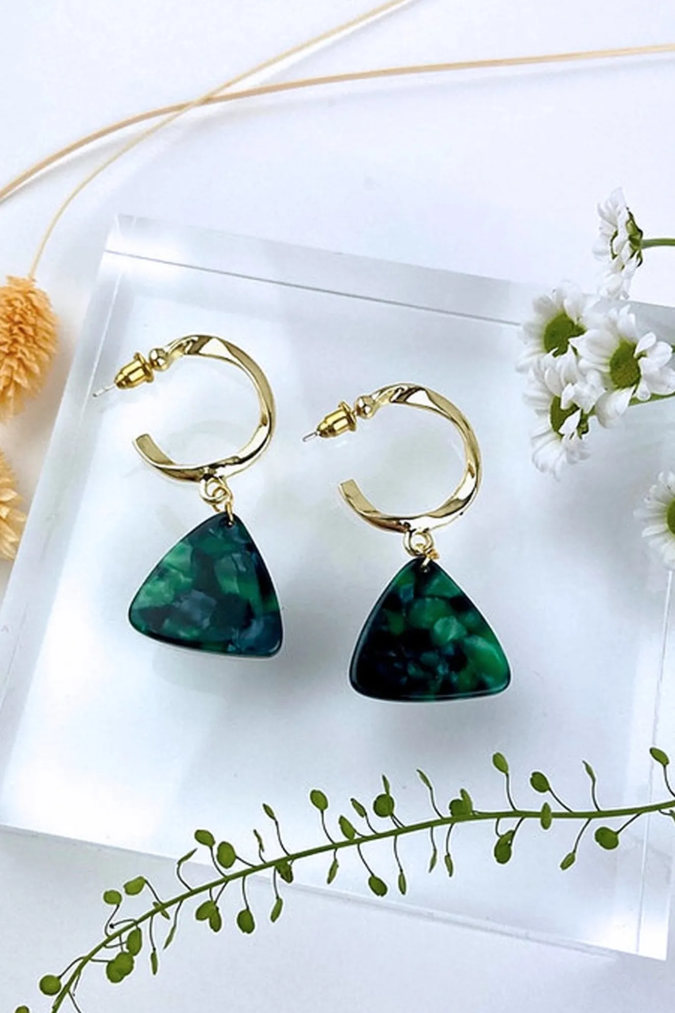 Chunky Bottle Green Triangular Dangle Studs