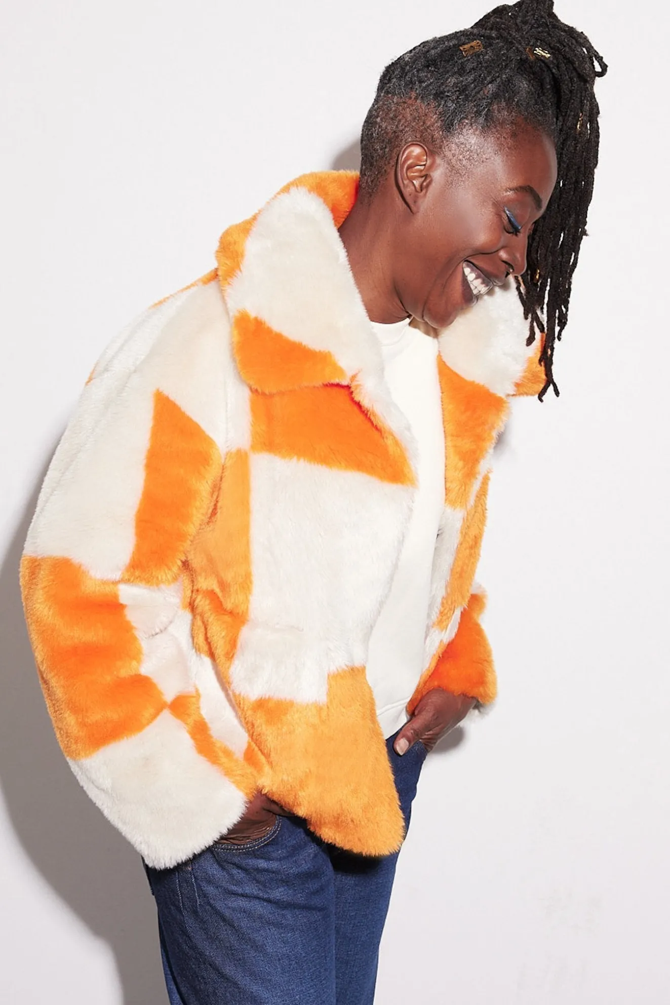 Jakke Traci Orange Checkerboard Faux Fur Jacket