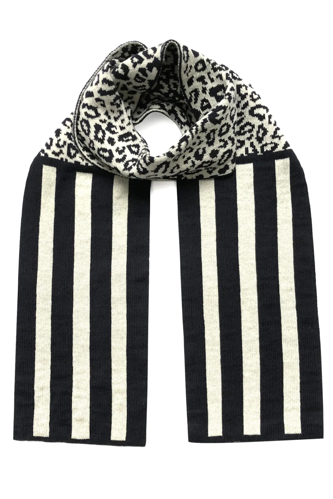 Leopard & Stripe Wool & Cashmere Black Scarf
