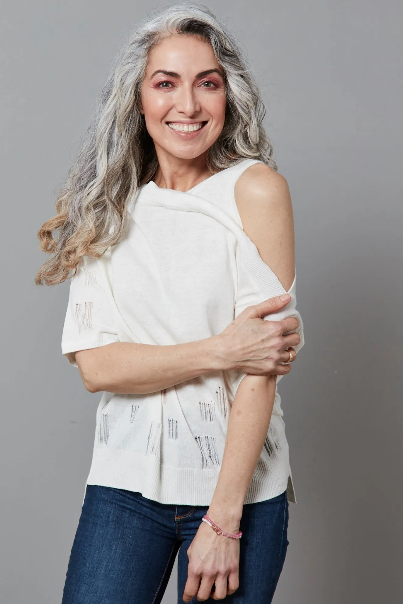 Charli Lotus Cotton Linen Blend Cut Out Shoulder White Knitted Top