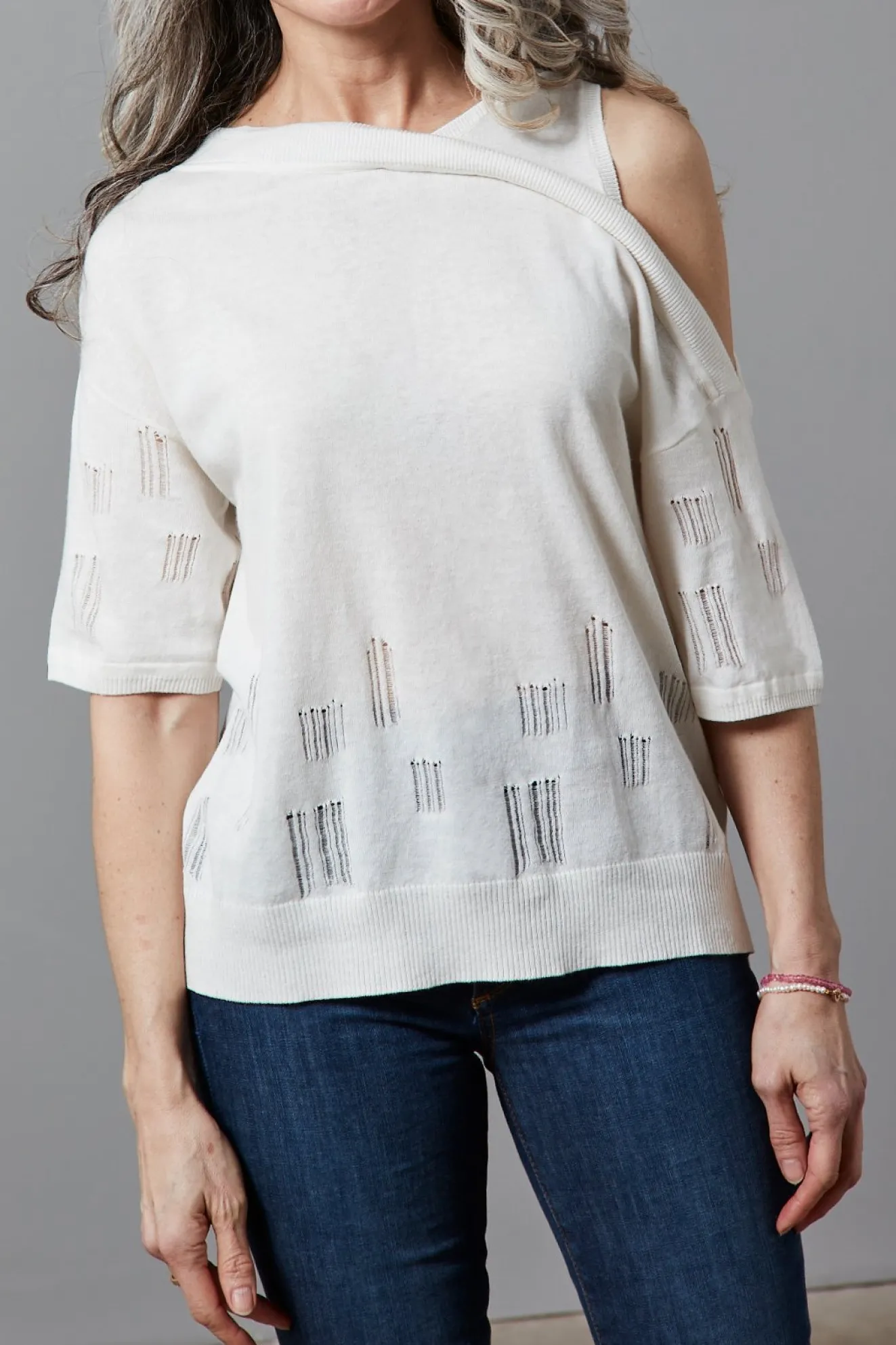 Charli Lotus Cotton Linen Blend Cut Out Shoulder White Knitted Top