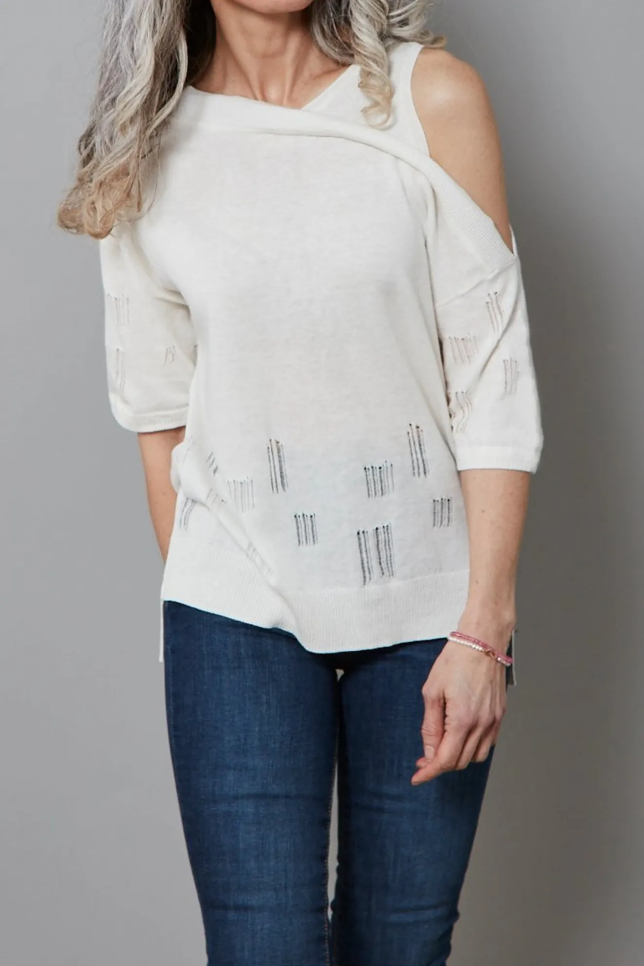 Charli Lotus Cotton Linen Blend Cut Out Shoulder White Knitted Top