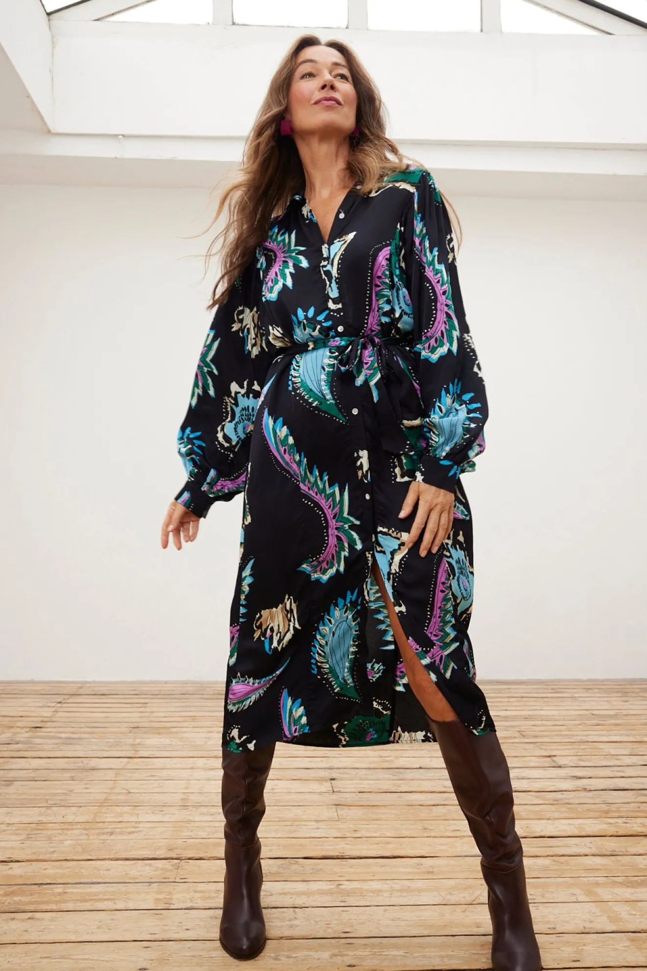 Pom Amsterdam Tides Deep Black Printed Midi Dress