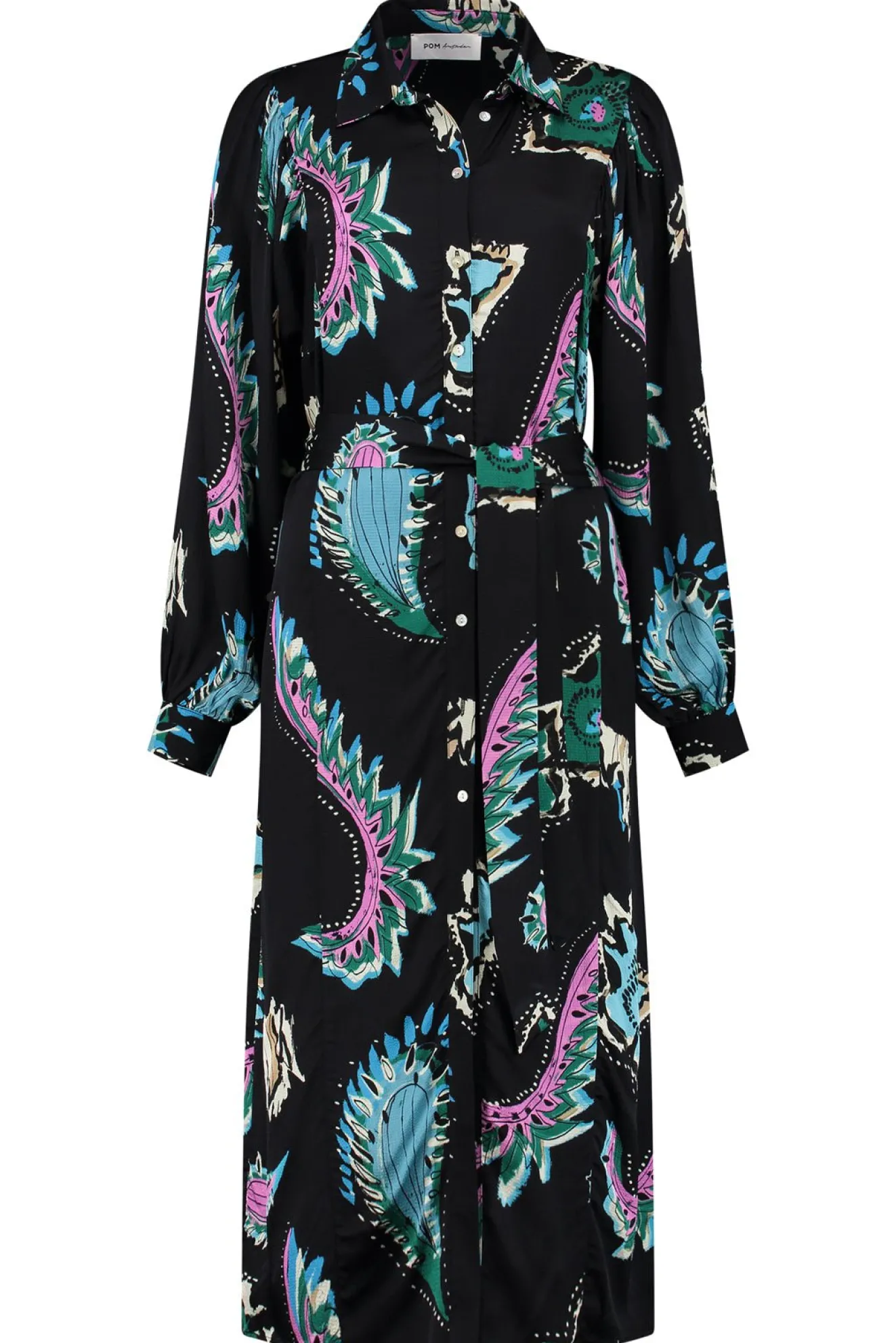 Pom Amsterdam Tides Deep Black Printed Midi Dress