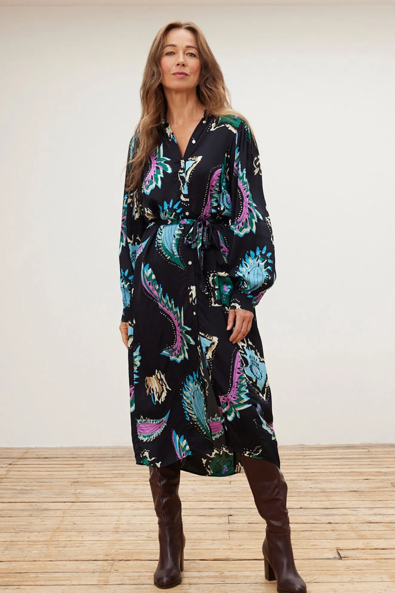 Pom Amsterdam Tides Deep Black Printed Midi Dress