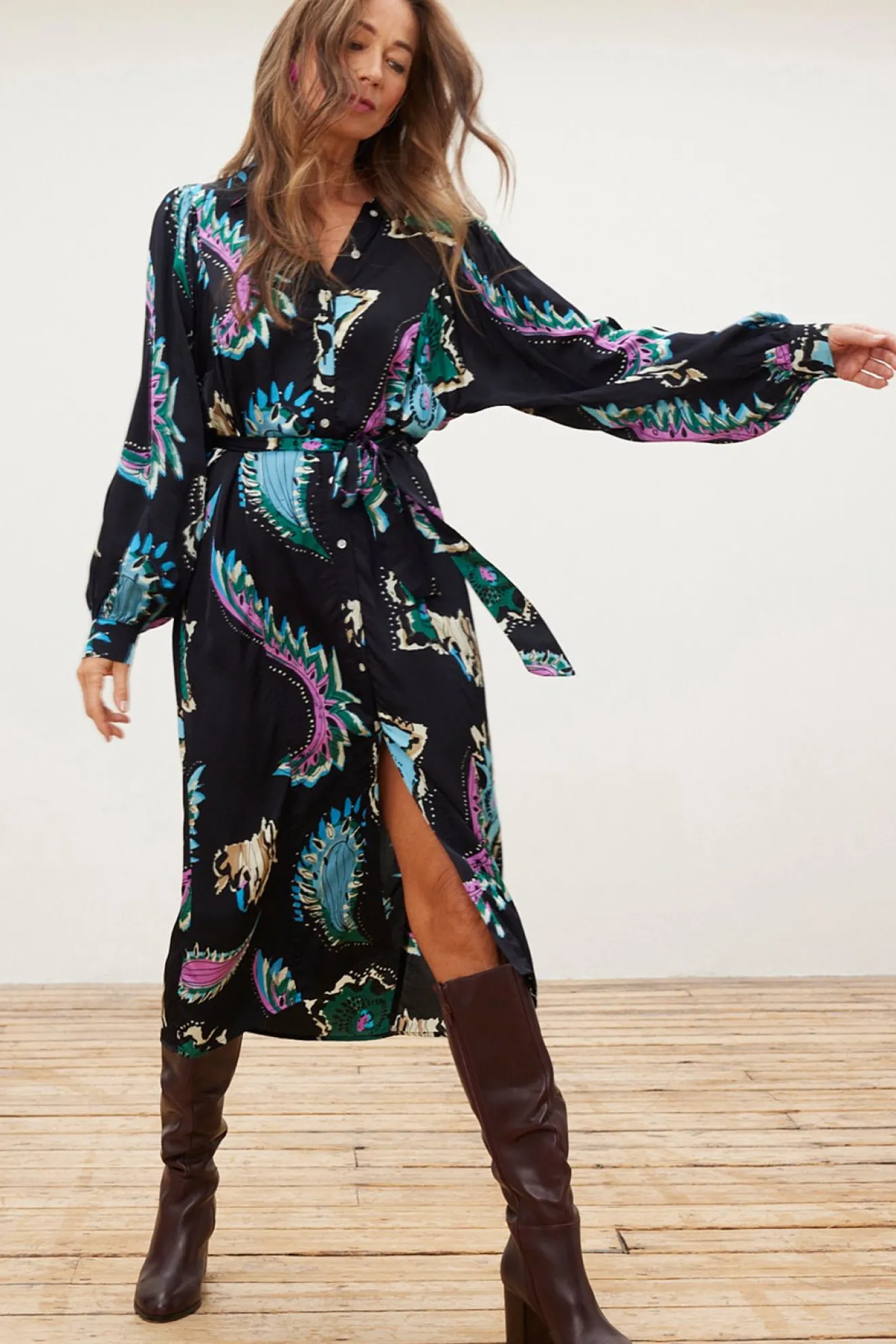 Pom Amsterdam Tides Deep Black Printed Midi Dress