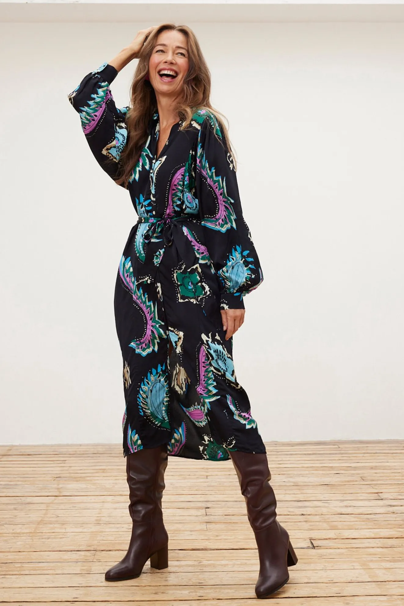 Pom Amsterdam Tides Deep Black Printed Midi Dress