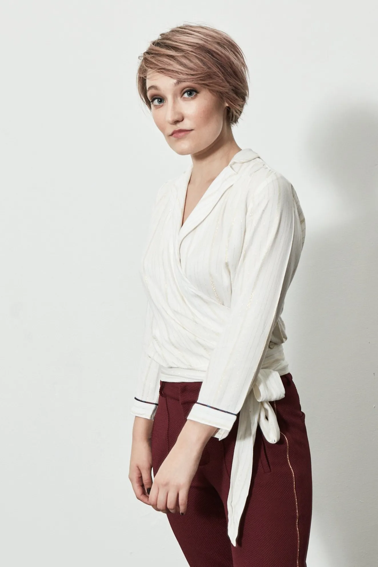 Pom Amsterdam Shiny Stripes White Wrap Blouse