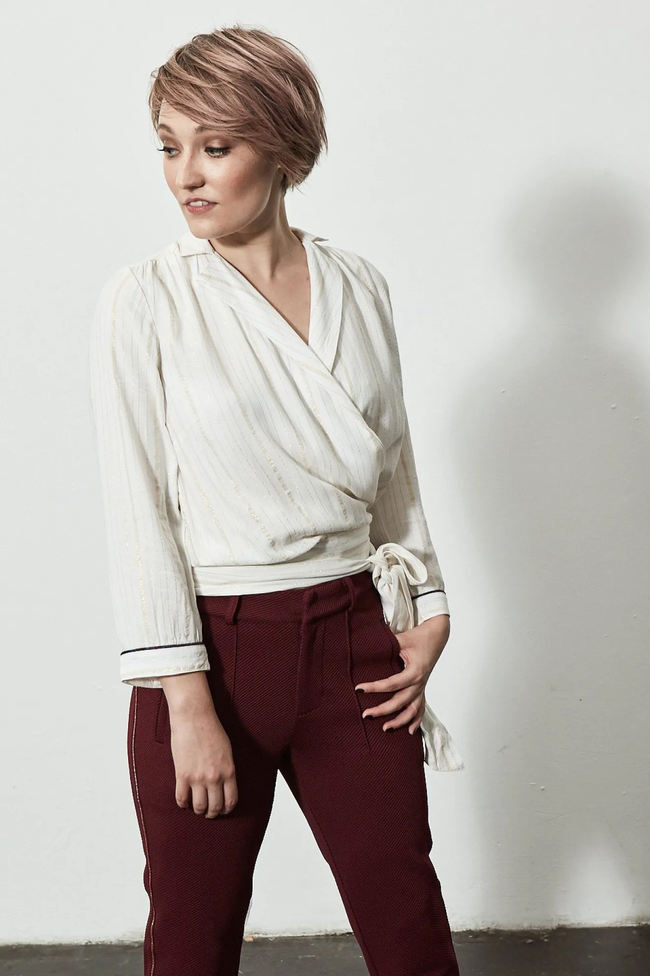 Pom Amsterdam Shiny Stripes White Wrap Blouse