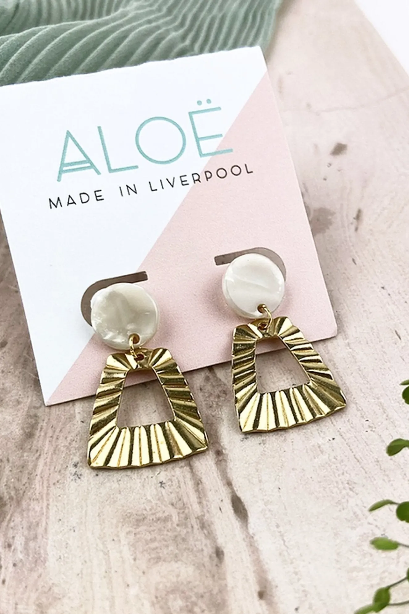 White Marble Brass Trapezoid Studs