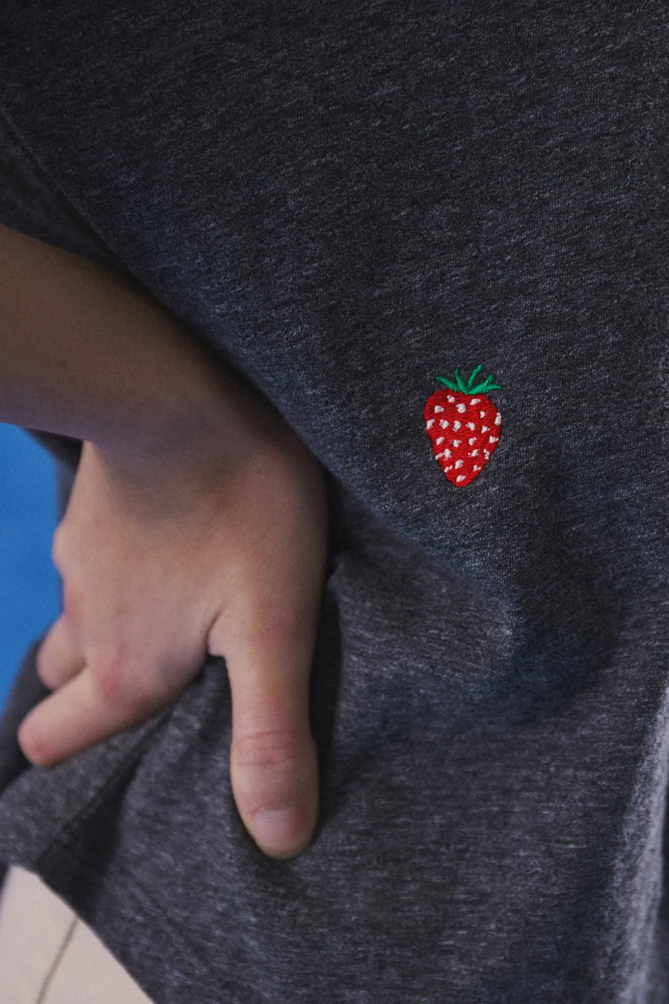 Embroidered Strawberry Slub Grey T-Shirt