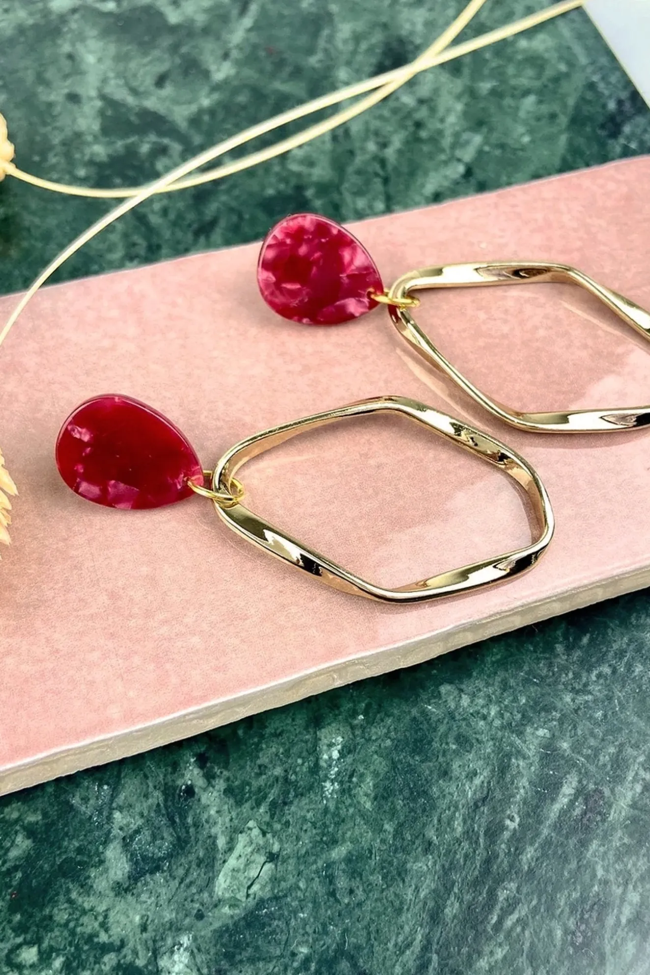 Red Teardrop Irregular Gold Stud Hoops