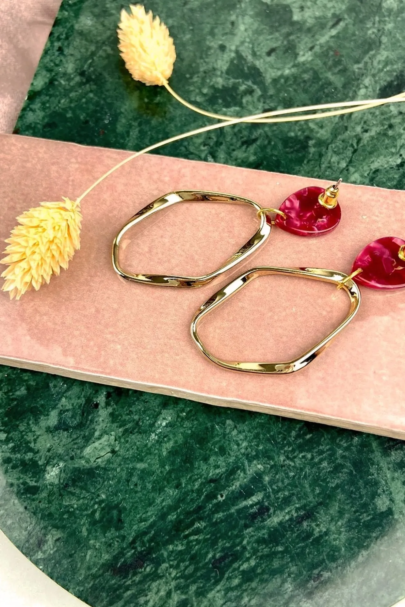 Red Teardrop Irregular Gold Stud Hoops