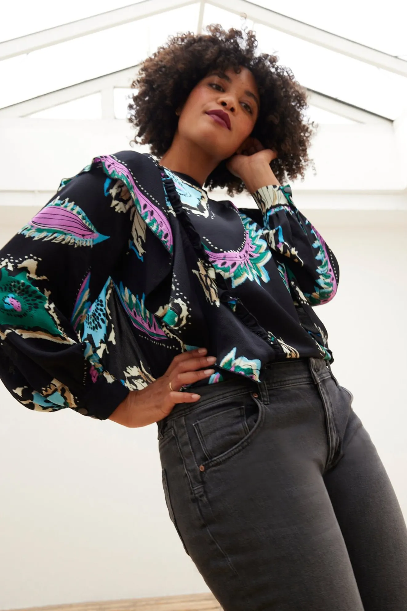 Pom Amsterdam Tides Deep Black Printed Top